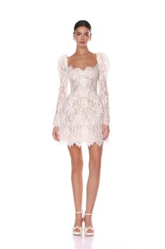 Colette Blanc Lace Long Sleeve Mini Dress | La Danse Blanche | Fall 2024 Bridal – BRONX AND BANCO Wedding Send Off Dress, Lace Long Sleeve Mini Dress, Long Sleeve Lace Mini Dress, Structured Skirt, Short Lace Wedding Dress, Reception Dresses, Bridal Glam, Bronx And Banco, Nye Wedding