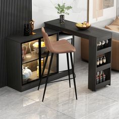 a small table with two stools in front of it and an open cabinet behind it