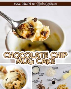 chocolate chip mug cake recipe on a spoon with the title above it and photos below