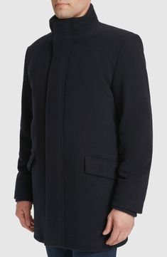 A loose car coat fashioned from a durable wool blend features a stand collar and a sleek snap storm placket added warmth and comfort. 33 1/2" length (size Medium) Front zip closure with snap storm placket Stand collar Long sleeves Front flap pockets Lined 60% wool, 30% polyester, 5% acrylic, 5% other fibers Dry clean Made in China Winter Outerwear With Welt Pockets And Stand Collar, Winter Outerwear With Stand Collar And Welt Pockets, Casual Wool Outerwear With Stand Collar, Winter Outerwear With Concealed Placket And Stand Collar, Wool Outerwear With Stand Collar For Winter, Wool Pea Coat With Stand Collar And Pockets, Modern Outerwear With Stand Collar For Winter, Classic Hooded Wool Coat, Wool Outerwear With Stand Collar And Pockets