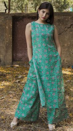 Sleeveless Kurta, Kurta Palazzo Set, Ocean Green, Casual Indian Fashion