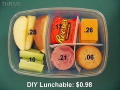 a plastic container filled with lots of different types of food and labeled by the words diy lunchable $ 0 98