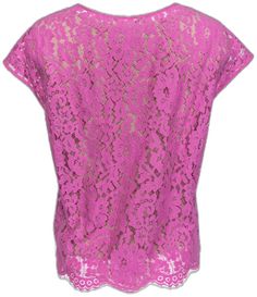 Pink Feminine Lace Top, Feminine Pink Lace Top, Spring Lace Trim Crew Neck Top, Pink Feminine Tops With Lace Trim, Scalloped Lace Tops, Chic Pink Lace Top, Spring Scalloped Lace Top, Casual Scalloped Lace Tops, Spring Lace Top With Crew Neck