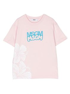 pink/white/blue cotton lightweight jersey floral print to the front logo print at the chest crew neck short sleeves straight hem Msgm Kids, Kids Logo, Girl Top, Girls Tshirts, Logo Print, Cotton T Shirt, Printed Cotton, White Blue, Pink White