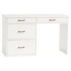 a white desk with three drawers and two gold handles on the top, against a white background