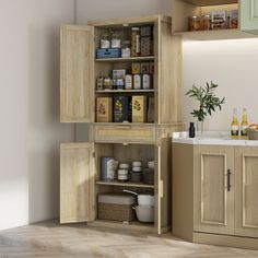 an open cabinet in the corner of a kitchen