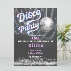 disco party flyer with silver ball and sparkles