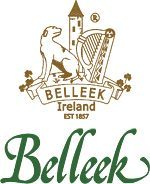 the beleek logo is shown on a white background with green lettering and an image of a dog holding a harp