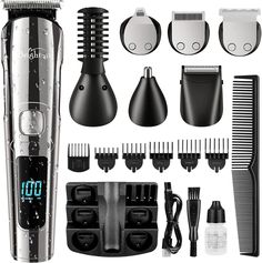 Brightup Beard Trimmer for Men - 19 Piece Mens Grooming Kit with Hair Clippers, Electric Razor, Shavers for Mustache, Body, Face, Nose and Ear Hair Trimmer Body Shaver, Beard Shaver, Beard Kit, Mens Grooming Kit, Titanium Metal, Nose Hair Trimmer, Beard Trimmer, Trimmer For Men, Electric Razor