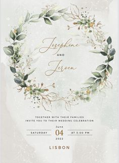 an elegant wedding card with greenery and leaves