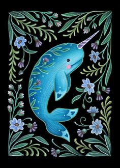 a painting of a blue fish surrounded by flowers