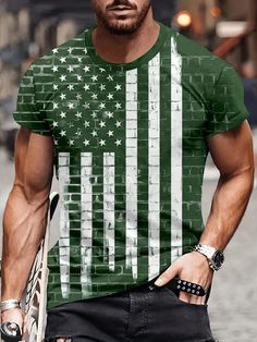 Men'S Plus Size American Flag Printed Short Sleeve T-Shirt Green Casual  Short Sleeve Fabric Flag  Medium Stretch All Men Plus Size Clothing, size features are:Bust: ,Length: ,Sleeve Length: Fabric Flag, American Flag Print, Fabric Flags, Men Plus Size, Mens Plus Size, Plus Size T Shirts, Plus Size Clothing, Plus Size Tops, Printed Shorts