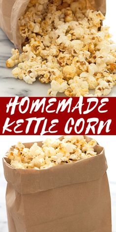 homemade kettle corn in a brown paper bag