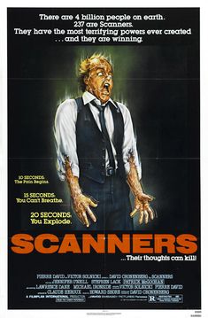 a movie poster for the film scanners with an image of a man in a vest and tie