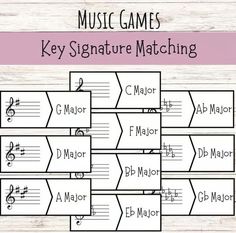 the music game key signature matching is shown in pink and white with musical notes on it