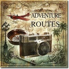 an old fashioned camera and map with the words adventure routes on it