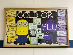 Cold or flu bulletin board Immunize Bulletin Board, Renal Bulletin Board Ideas, Nursing Bulletin Board Ideas Hospital Fall, Fall School Nurse Bulletin Board Ideas, Res Life Bulletin Boards, High Fever, Minions Humor