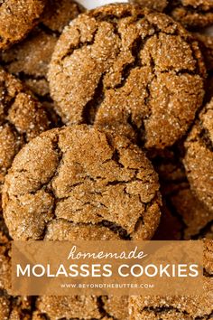 homemade molasses cookies are stacked on top of each other with text overlay