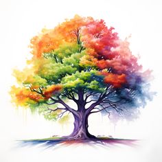 a colorful tree with watercolors on it's branches and leaves in the foreground