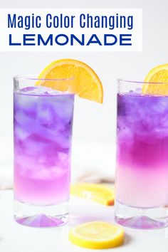 two glasses filled with lemonade and purple liquid