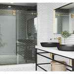 a bathroom with two sinks and a shower