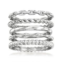 Ross-Simons - Sterling Silver Jewelry Set: Five Stackable Rings. Size 8. This set of five on-trend rings puts endless opportunity for stunning stacks at your very fingertips! Includes beaded, twisted, paper clip link, bamboo-style and polished bands, handcrafted in sterling silver. 3/8" wide when worn together. Sterling silver stackable ring set. Birthstone Charm Necklace, Sterling Silver Stackable Rings, Silver Jewelry Set, Stackable Rings Silver, Cubic Zirconia Bracelet, Mixed Metal Jewelry, Silver Jewellery Sets, Gold Bangle Bracelet, Gold Plated Bracelets