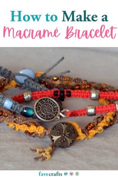 three bracelets with beads and charms on them, the words how to make a macrame bracelet