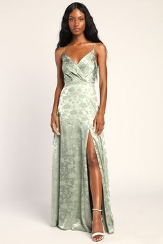 Sage Green Satin Maxi - Satin Jacquard Maxi - Floral Satin Maxi - Lulus Satin Dresses Sage Green, Formal Sage Green Dress, Floral Sage Dress, Sage Green Embroidered Dress, Floral Sage Green Dress, Green Pattern Bridesmaid Dresses, Sage Dresses Bridesmaid, Satin Sage Green Bridesmaid Dresses, Sage Green Floral Bridesmaid Dresses