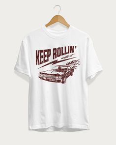 Keep Rollin' Tee – Heartman Retro White Print Crew Neck T-shirt, Retro Short Sleeve T-shirt With Graphic Print, Graphic Tee For Fan Merchandise, Retro T-shirt With Front Print For Fans, Retro Fan Merchandise T-shirt With Front Print, Graphic Tee Shirt For Fan Gear, Retro Relaxed Fit T-shirt With Sublimation Print, Retro Short Sleeve Shirt With Front Print, Retro White Print Tops For Streetwear