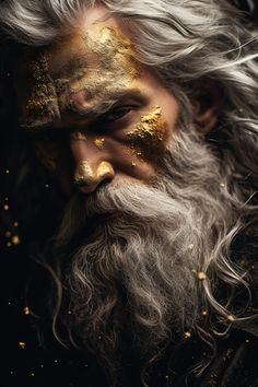 a man with long white hair and gold paint on his face is looking at the camera