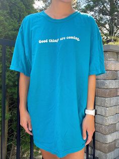 "Comfort Colors teal t-shirt with \"Good things are coming\" in white. T-Shirt Color: Comfort Colors \"topaz blue\" ✰ MODEL INFO: ✰ Height: 5'4\" Size: modeling a large. (Normally wears a small). *SIZE UP FOR AN OVERSIZED LOOK* ★ MATERIAL: ★ 100% cotton Unisex/Adult sizing." Point Pleasant Beach Nj, Point Pleasant Beach, Good Things Are Coming, Point Pleasant, Blue Tee, White T Shirt, Tshirt Colors, Shirt Color, Comfort Colors