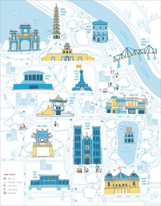 an illustrated map of china with buildings and other places to see in the city on it