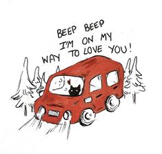 a drawing of a red van with a black cat driving it