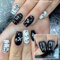 Back to school nail art - math nail art - teacher nail art - math teacher Math Teacher Nails, Math Nail Designs, Math Nail Art, Piano Nails Designs, Music Notes Nails Design, Music Notes Nail Art, Nail Music Designs, Nails With Music Notes Art