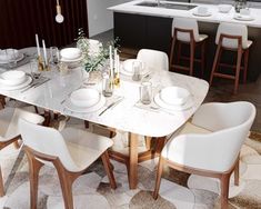 a dining room table with white chairs and plates on it, surrounded by bar stools