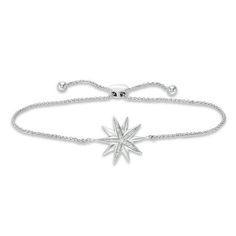 Make a sparkling entrance with this stunning diamond bolo bracelet. Created in sterling silver, this exquisite design showcases a striking sculpted starburst with alternating polished and shimmering diamond-lined arms. Radiant with 1/10 ct. t.w. of diamonds and a brilliant buffed luster, this wheat chain bracelet adjusts up to 9.5 inches in length and secures with a bolo clasp and ball ends. Elegant Sterling Silver Star Bracelet, Formal Sparkling Star-shaped Jewelry, Silver Star-shaped Formal Jewelry, Silver Star-shaped Jewelry For Formal Occasions, Silver Star-shaped Jewelry For Formal Events, Adjustable Silver Diamond Bracelet, Silver Adjustable Diamond Bracelet With Polished Finish, Adjustable Silver Diamond Bracelet With Polished Finish, Silver Diamond Bracelet With Polished Finish And Adjustable Fit