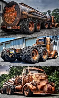 an old rusty truck is parked in front of a building with large tires on it