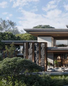 an artist's rendering of a modern house surrounded by greenery and trees on a sunny day