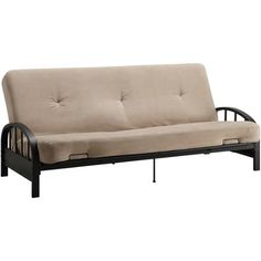 a futon bed with black frame and beige mattress