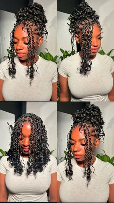 Boho Twists Hairstyle Ideas, Knotless Boho Bob Hairstyles, Boho Knotless Bob Styles, Boho Short Braids Hairstyles, Hairstyles For Short Knotless With Curls, Styles For Short Boho Knotless Braids, Short Boho Braids With Curls, Boho Twists Styles, Short Boho Goddess Braids