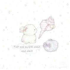 a card with an image of a teddy bear and seashells on it, which says pink and purple conch and shell