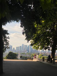 people are sitting on benches under trees in the park with cityscape in the background