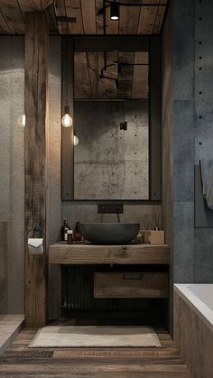 a bathroom with a sink, mirror and bathtub