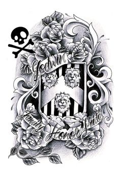 a black and white drawing of a shield with roses on it, skull and crossbones