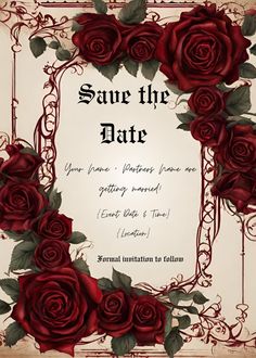 save the date card with red roses and leaves on it, in an ornate frame