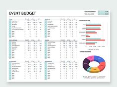 an event budget sheet is shown with the numbers and percentages in red, green, blue