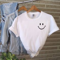 Smiley Face Sweatshirt Simple Crew Neck Shirt For Spring, Cute Spring Tops With Smiley Face, Cute Smiley Face Tops For Spring, Cute Smiley Face Top For Spring, Cute White T-shirt With Smiley Face, Spring Crew Neck Top With Smiley Face, Cute Smiley Face Tops For Summer, Spring Smiley Face Crew Neck Top, Fun Everyday Crew Neck Tops