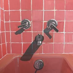 two black faucets in a red tiled bathtub next to a wall mounted soap dispenser