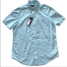 Ralph Lauren Shirt Color-Hammond Blue Size-M 100%Cotton Light Blue Short Sleeve Cotton Shirt, Light Blue Cotton Shirt With Short Sleeves, Light Blue Cotton Short Sleeve Shirt, Blue Fitted Cotton Short Sleeve Shirt, Fitted Blue Cotton Short Sleeve Shirt, Classic Blue Short Sleeve Shirt, Blue Slim Fit Cotton Tops, Light Blue Slim Fit Cotton Top, Light Blue Collared Cotton Short Sleeve Shirt