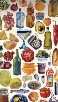 a painting of many different types of food and drinks on a white surface, including oranges, lemons, tomatoes, olives, grapes, and other fruits